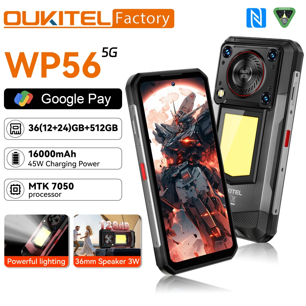 Защищенный телефон Oukitel WP56 с дисплеем 6,78 дюйма FHD и камерой 108 МП, 45 Вт, быстрая зарядка, портативный смартфон 12 ГБ + 512 ГБ, 16000 мА·ч, 5G, Android 15