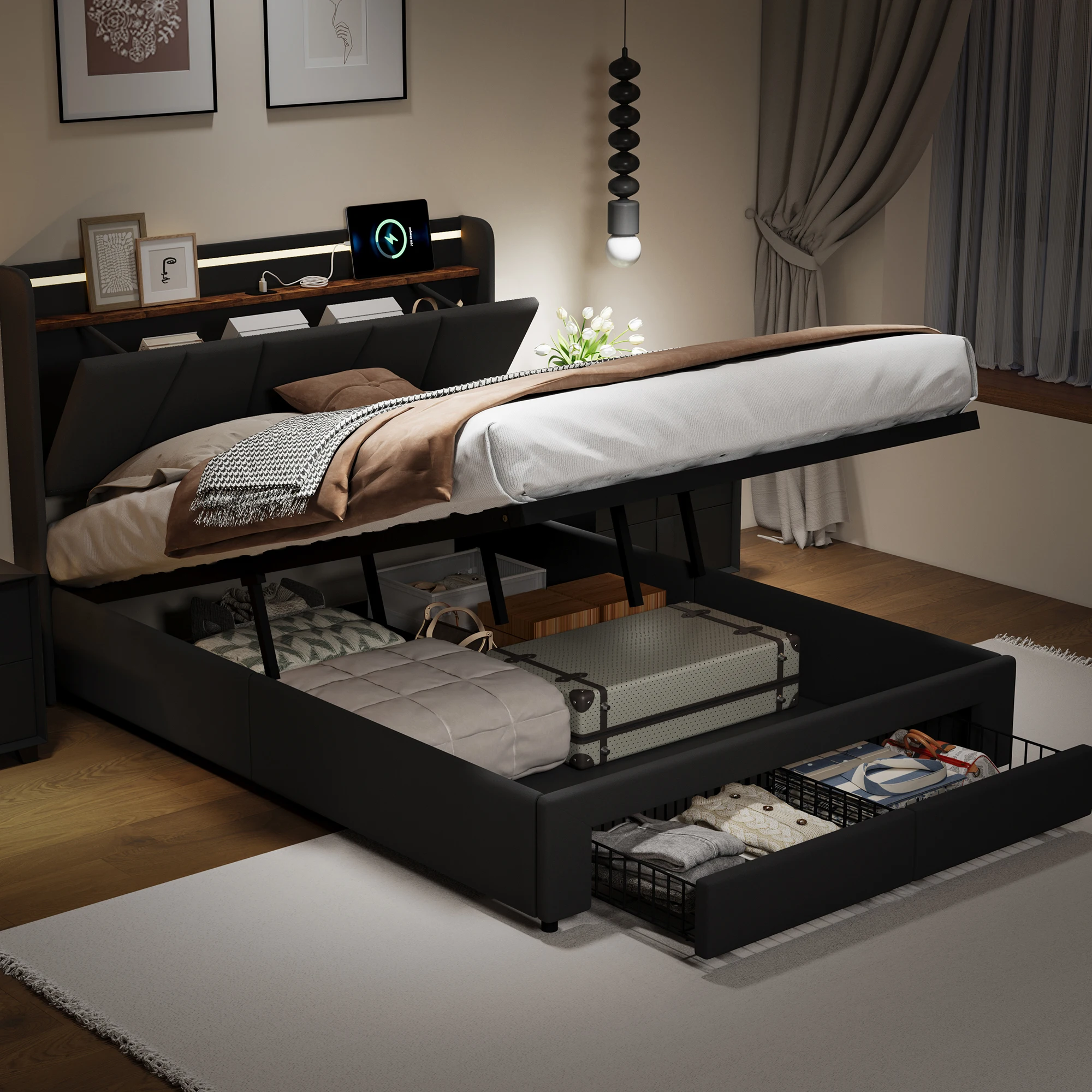 Anajqaqia 140x200cm Doppelbett mit LED-Beleuchtung, hydraulisches Stauraumbett mit 2 Schubladen, Schubladenbett mit USB-Ladefunktion, Leinenstoff, Schlafzimmermöbel