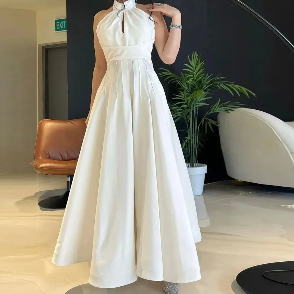 

Customized Simple Prom Gown High Collar A-line Party Dresses Sleeveless Solid Color Elegant Draped Midi فساتين للحفلات الراقصة