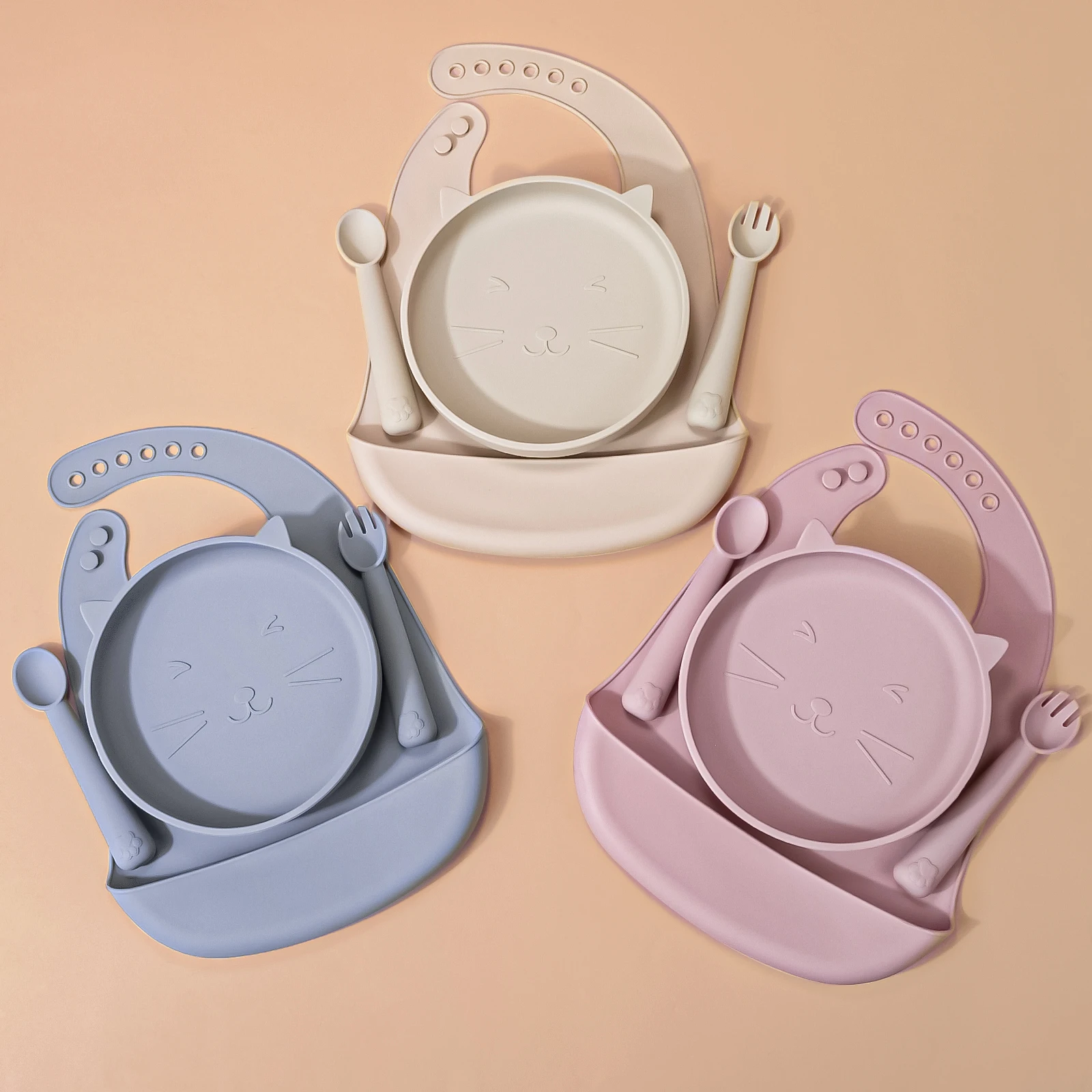 4PC/Set Baby Feeding Set Silicone Shallow Tray Baby Silicone Tableware Toddler Eating Utensil With Suction Cup Silicone Baby Bib