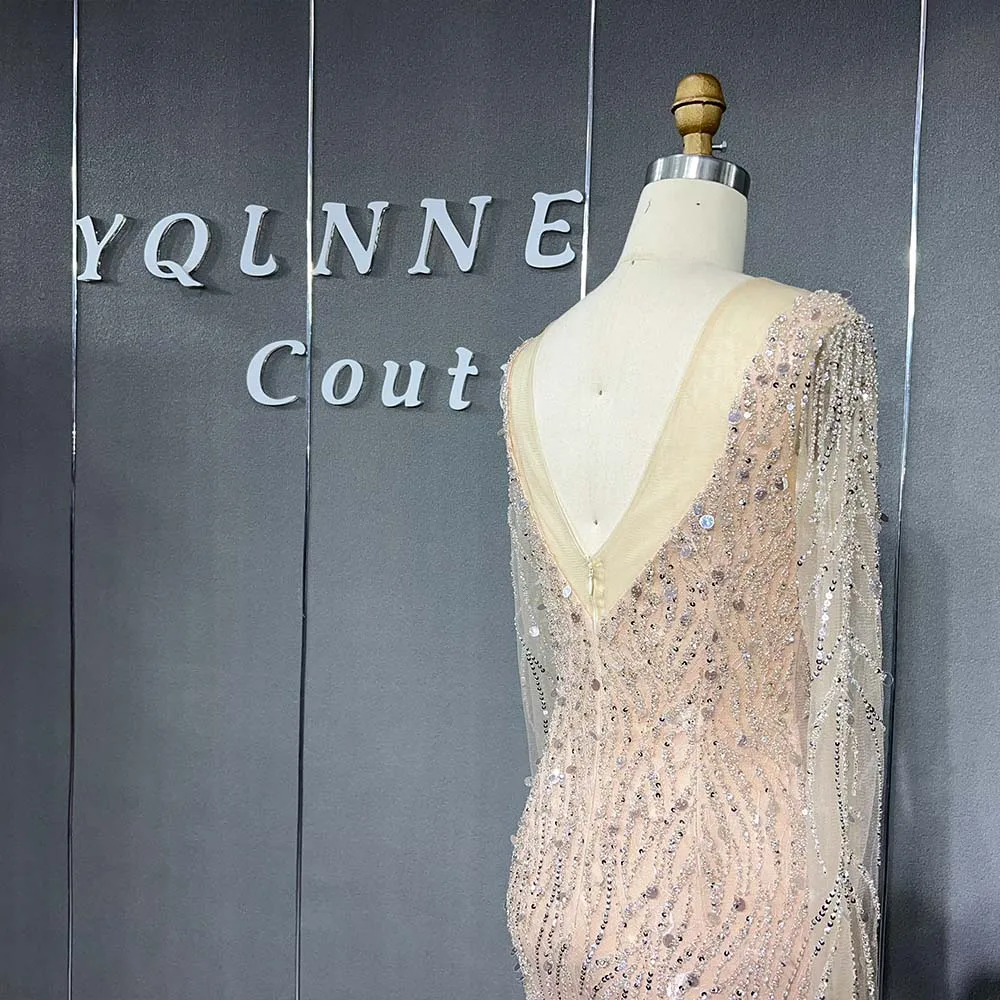 YQLNNE Luxury Nude Crystals Evening Dresses Long Sleeve Tulle Beaded Mermaid Formal Women Gowns