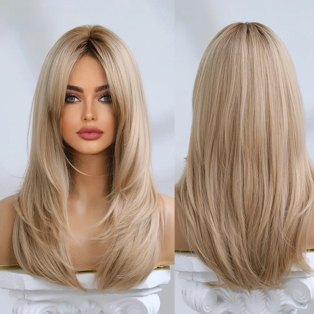 Perruques synthétiques en Fiber synthétique pour femmes, perruque longue et lisse ondulée brune blonde avec frange, résistante à la chaleur, mode naturelle pour fête quotidienne