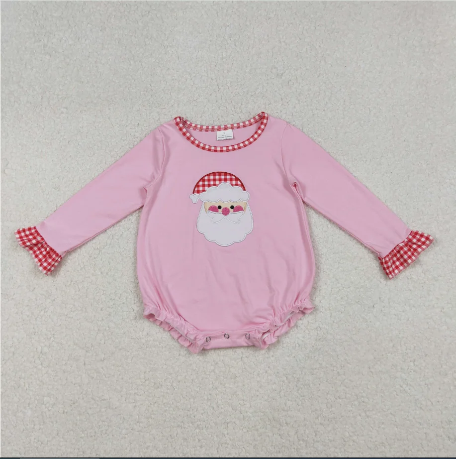 

New Little Girls LR1733 Santa Embroidery Pink Baby Girls Christmas Bubble Romper