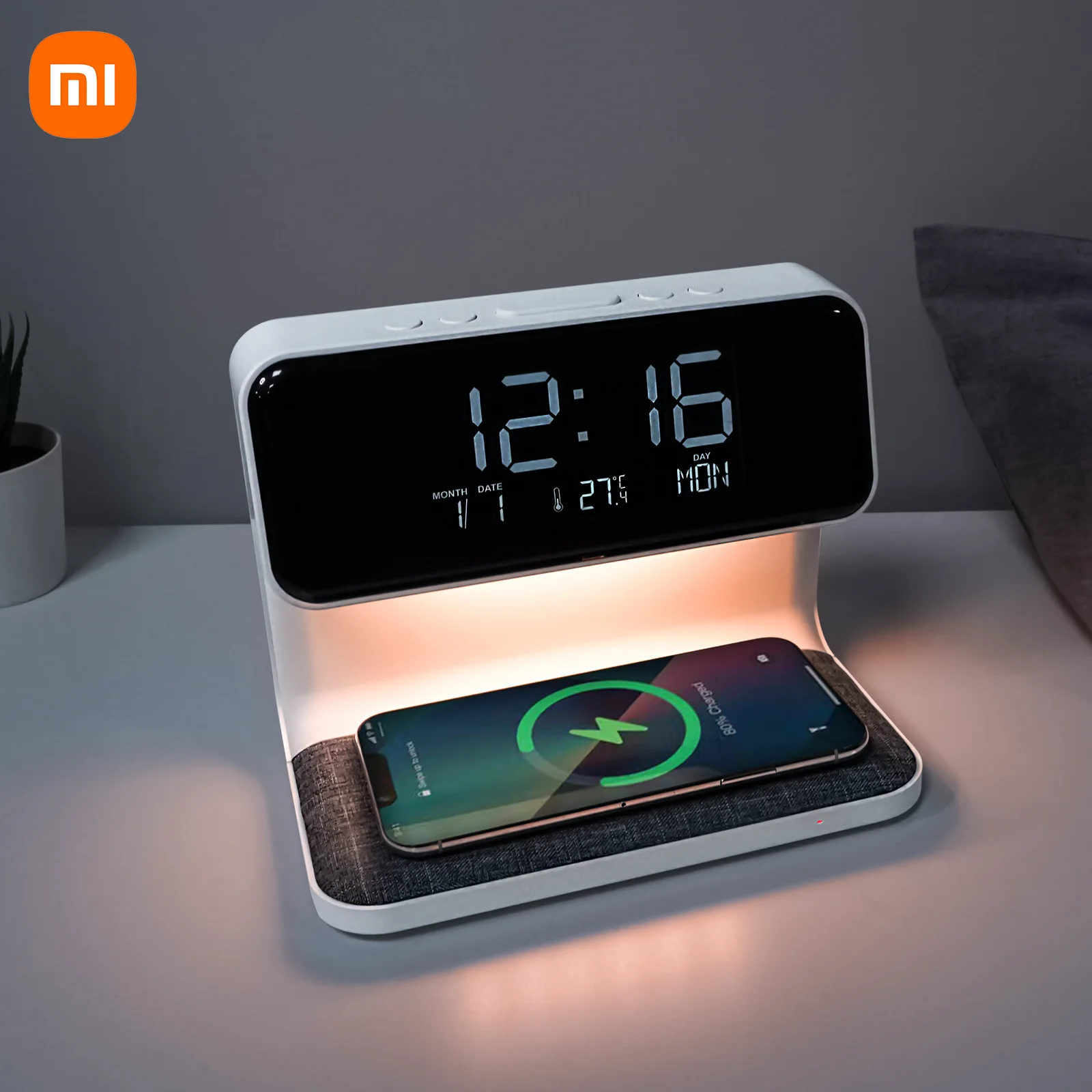 

6 In 1 Multi-Function USB-C Alarm Clock With 15W QI Wireless Charger Thermometer LCD Screen Night Light Bedroom Touch Desk Lamp
