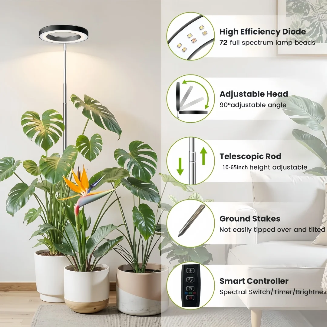 LED Plant Grow Light Full Spectrum for Indoor Plants, Height Adjustable, Auto Timer, 5V Low Voltage, Ideal for Large Plants