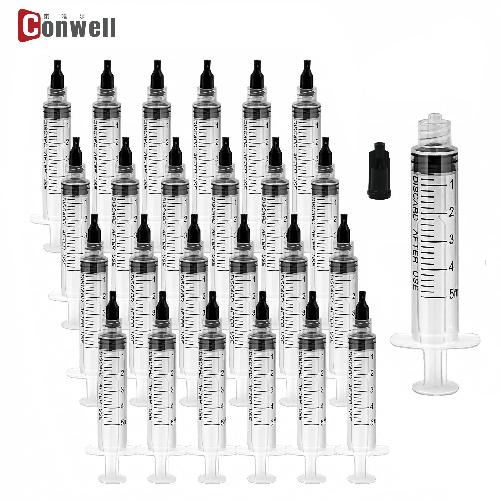 100 عبوة من حقنة بلاستيكية سعة 5 مل، غلاف فردي معقم (بدون إبرة)، محاقن قفل لور مع غطاء أسود للمختبرات العلمية