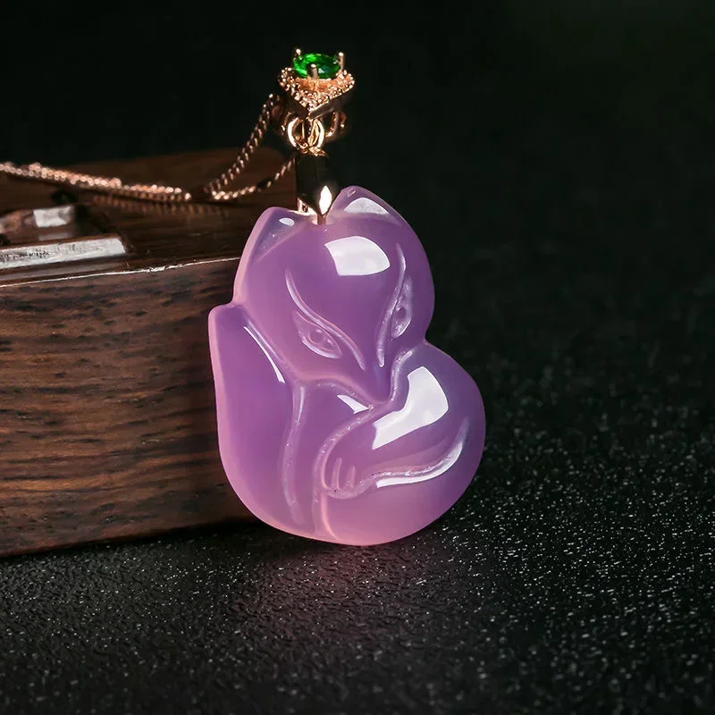 Naturalny fioletowy agat Fox naszyjnik z wisiorem akcesoria mody ręcznie rzeźbiony mężczyzna kobieta Amulet na szczęście łańcuch sweter — zdjęcie 2
