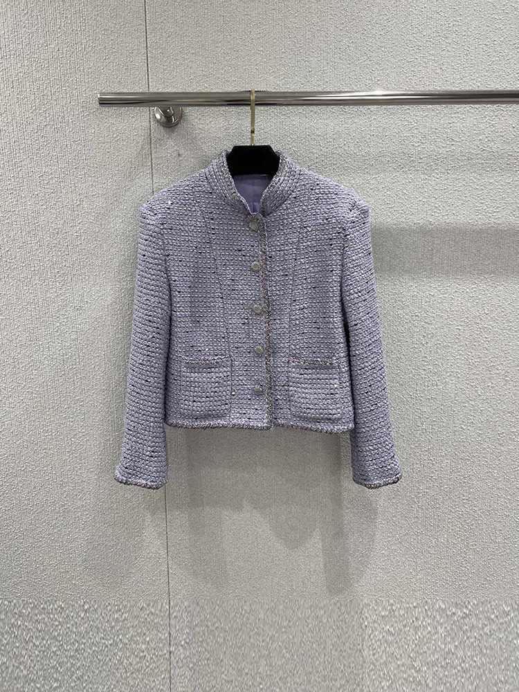 

Весенне-летняя модная фиолетовая винтажная повседневная прямая куртка-бомбер для женщин с воротником-стойкой, длинными рукавами и пайетками, вязаное пальто