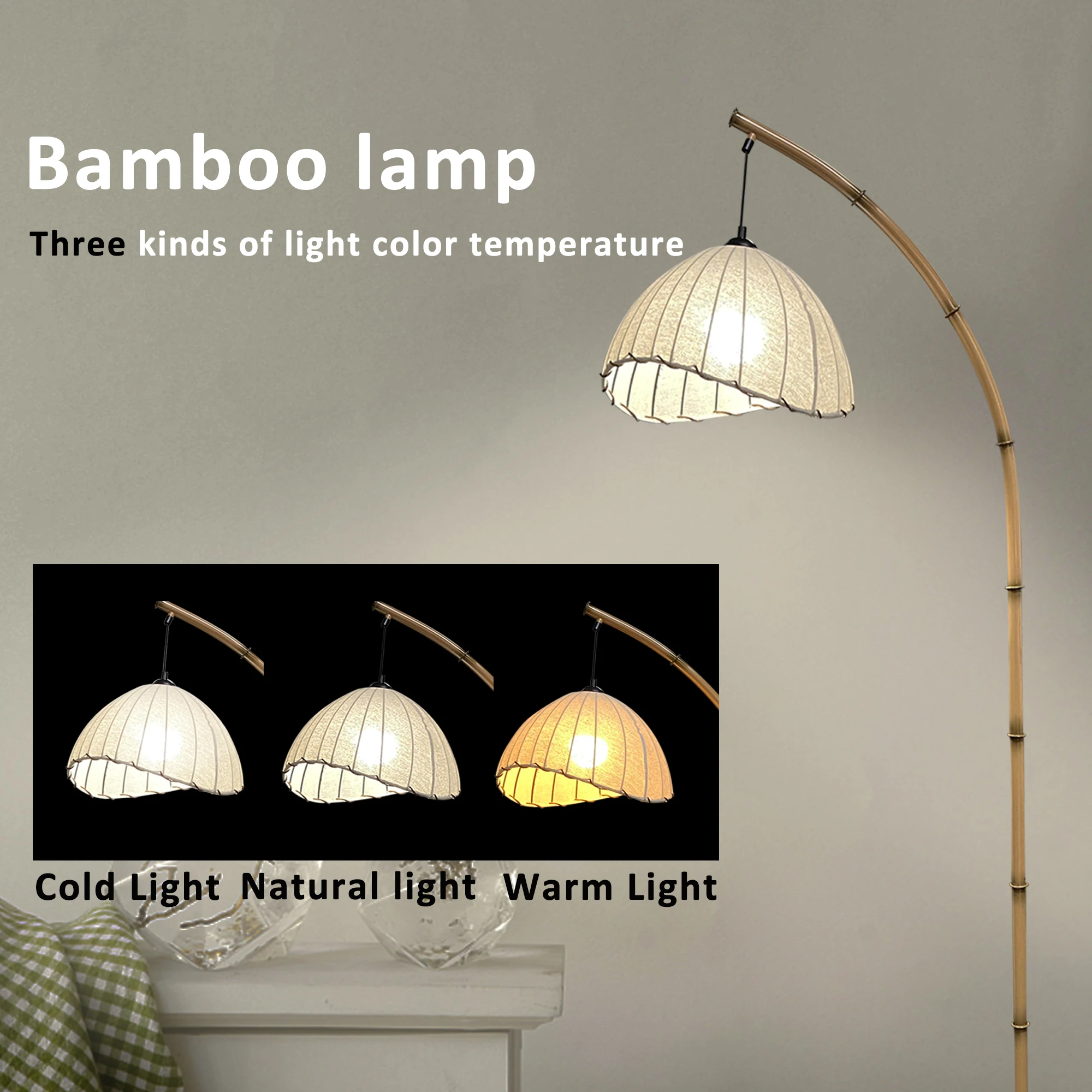 Bamboo Floor Lamp Bohemian Hanging Arc Floor Lamp with 3 Color Temperatures Linen Lampshade Standing Lamps Antique Rattan Style