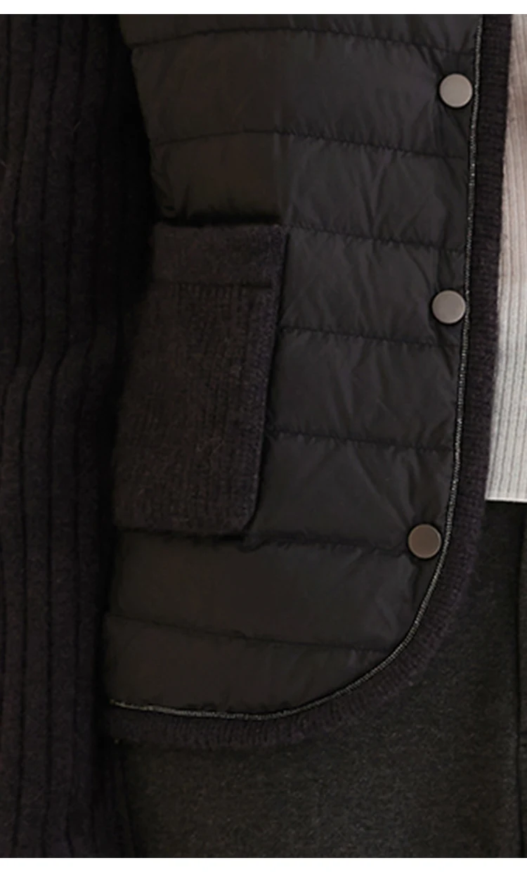 BY3521202 Damen Gesteppter Gänsedaunenmantel mit Kaschmirärmeln, Stricktaschen und Knopfleiste Vorne, Warme Leichte Winterjacke – Detail 10