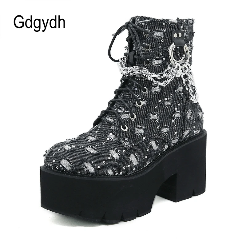 Gdgydh Women\'s Punk Platform Short Boots with Chain Decor Lace Up Chunky Heeled Combat boots for Women Fashion Sequin