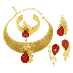 Classic Brazilian Gold Style Woman Jewelry Set Original Gold Plated 24K Necklace Luxury Ruby Pendant Earrings  Bracelet SYHOL