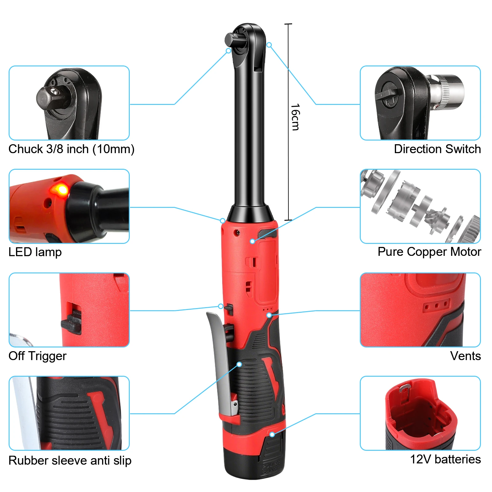 Llave de Trinquete Extensible de 3/8'', Llave Eléctrica Inalámbrica de 500 RPM y 18 V, Llave Angular Recargable, Herramientas de Reparación de Automóviles con 2 Baterías