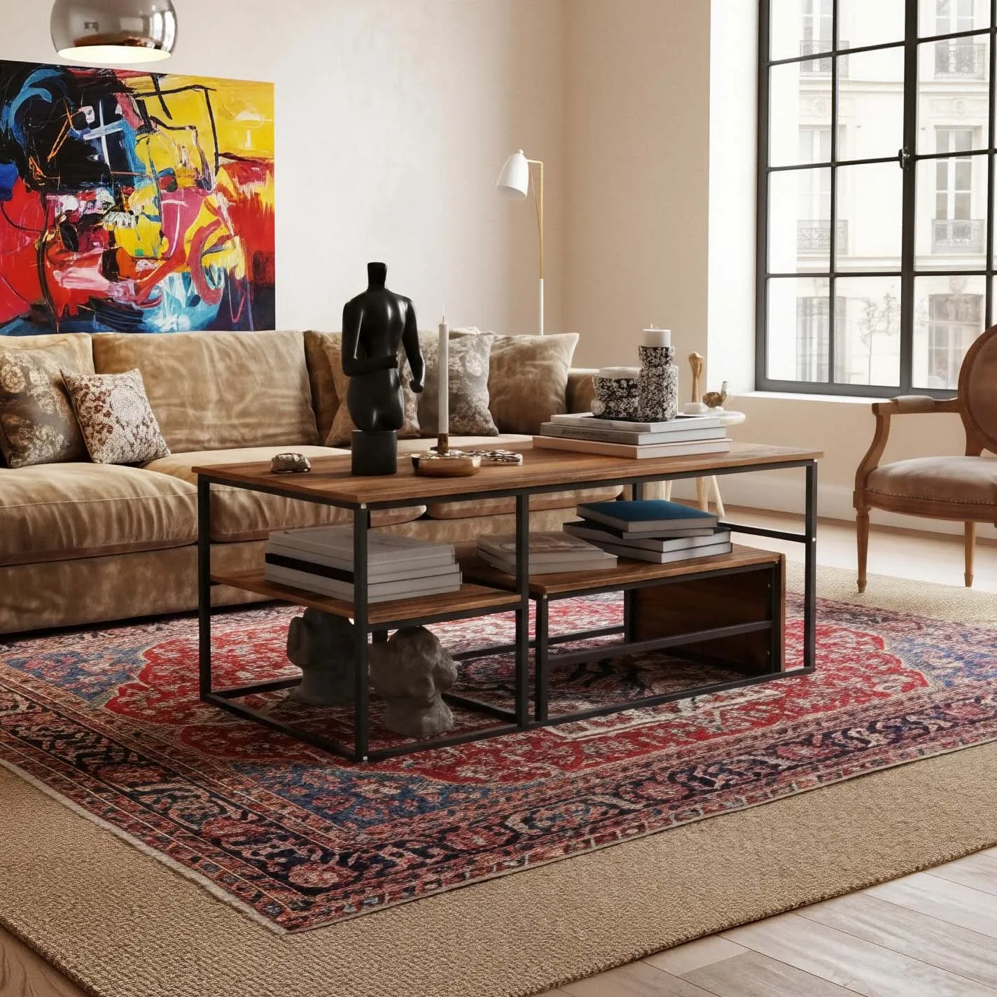 Tavolino da caffè cm, mobili da soggiorno in stile industriale, contenitore aperto, aspetto superiore aperto in legno, struttura in metallo nero