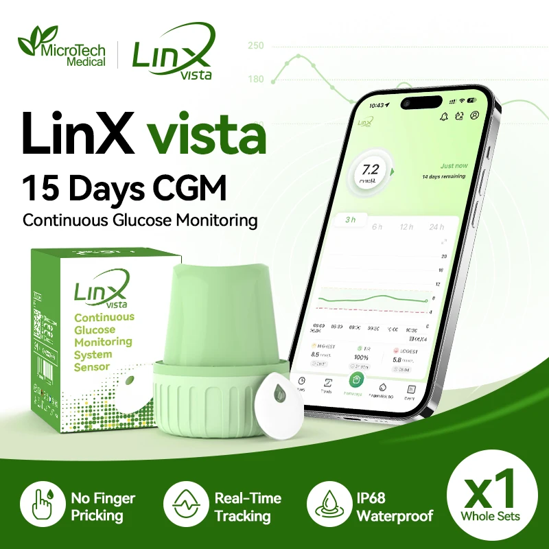 Sistema de Monitoreo Continuo de Glucosa MicroTech LinX Vista Dynamic, Kit de Monitor de Glucosa sin Pinchazos para el Control de la Diabetes