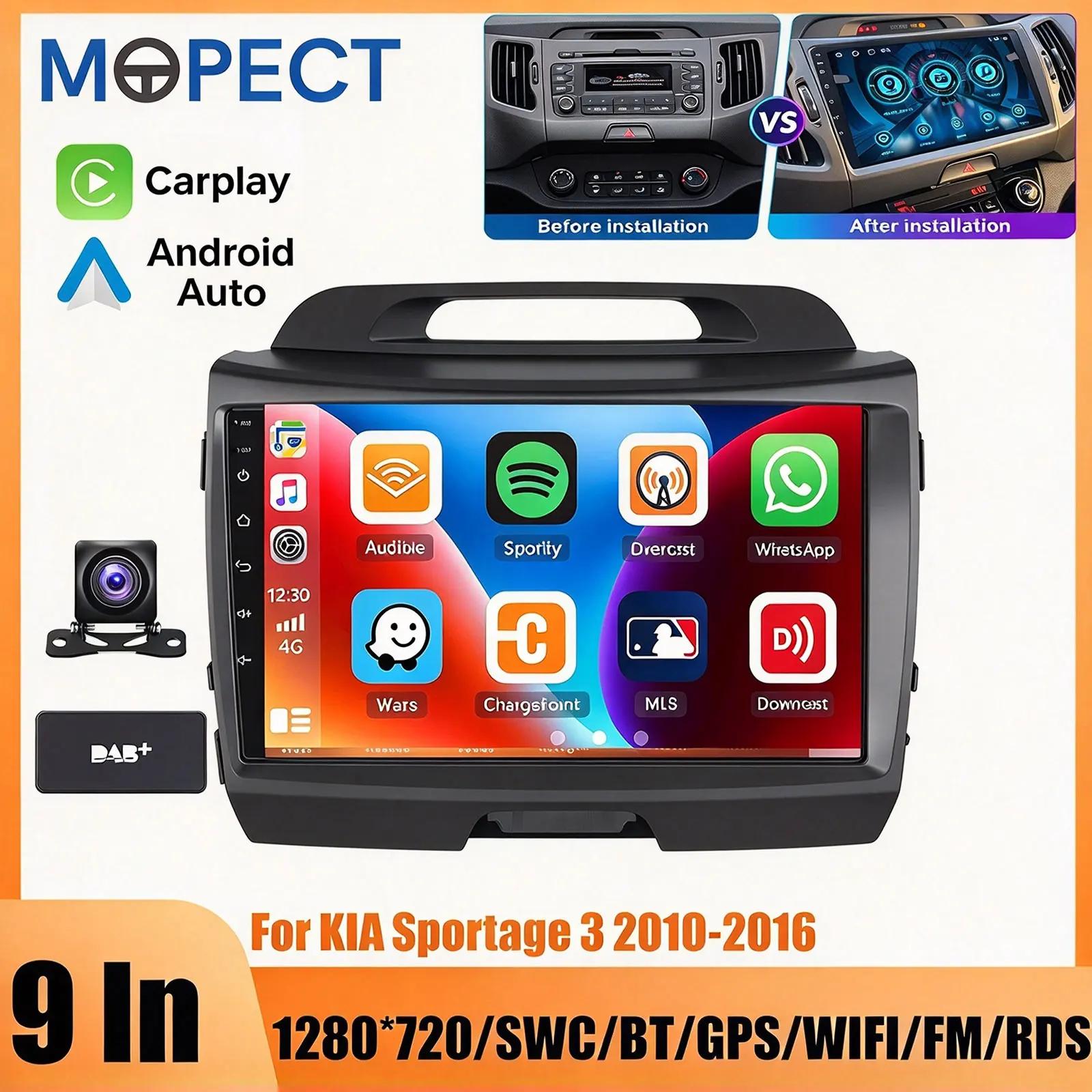 MOPECT 9'' Android 15/16 Autoradio für KIA Sportage 3 2010-2016, kabelloses Carplay, Android Auto, Multimedia-Player, intelligentes Fahrzeugsystem, Stereo, 2DIN-Touchscreen-Hauptgerät, 6+128G, 4G,
