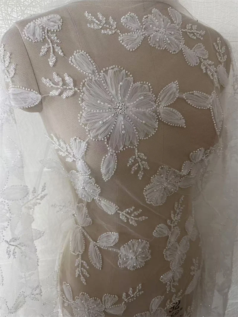 White 3D Unique Wedding Dress Lace Fabric Embroidered French Lace Fabric Sell By Yard