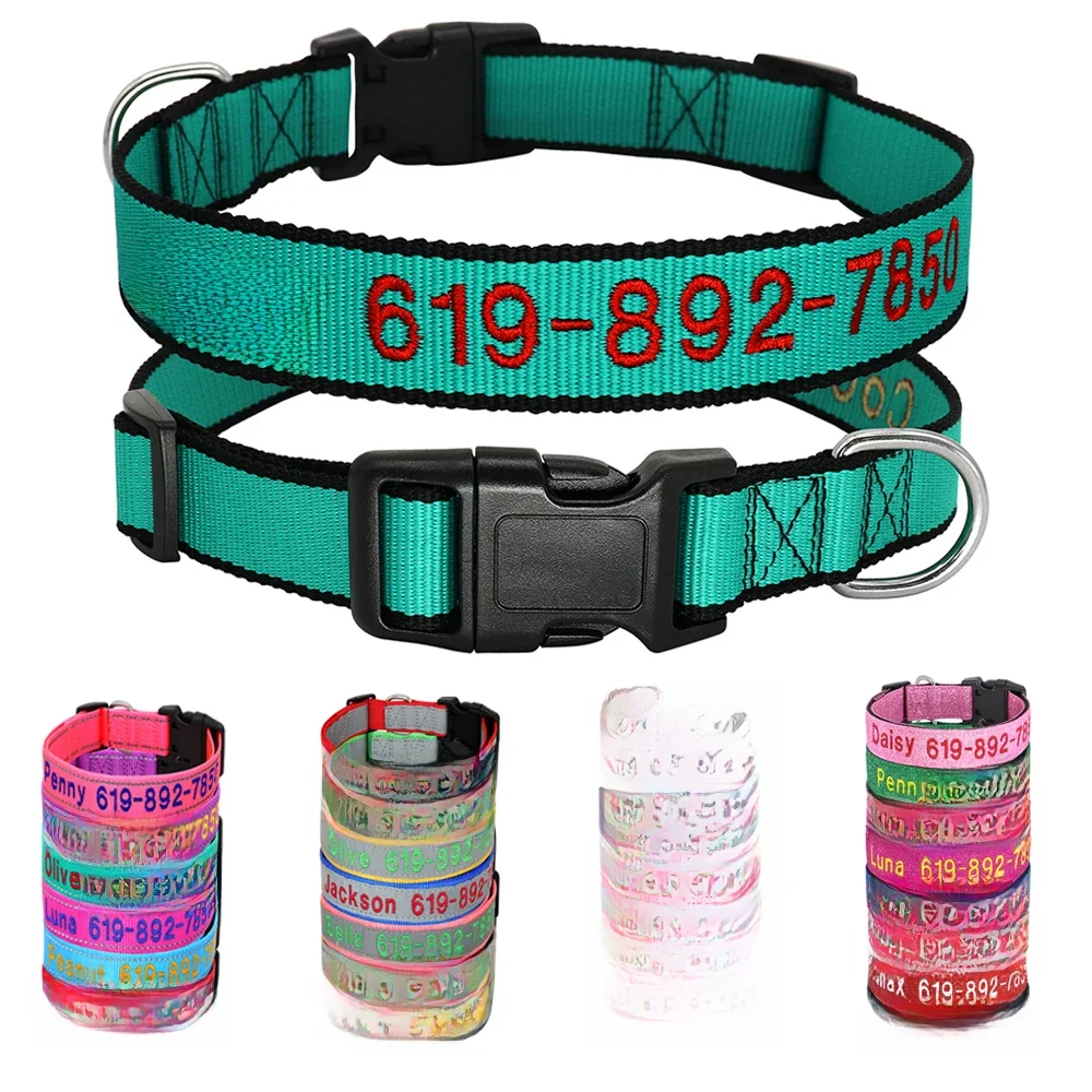 Collier de chien brodé en Nylon réglable, accessoires de nom d'identification personnalisé, colliers pour animaux de compagnie pour petits, moyens et grands chiens, fournitures pour animaux de