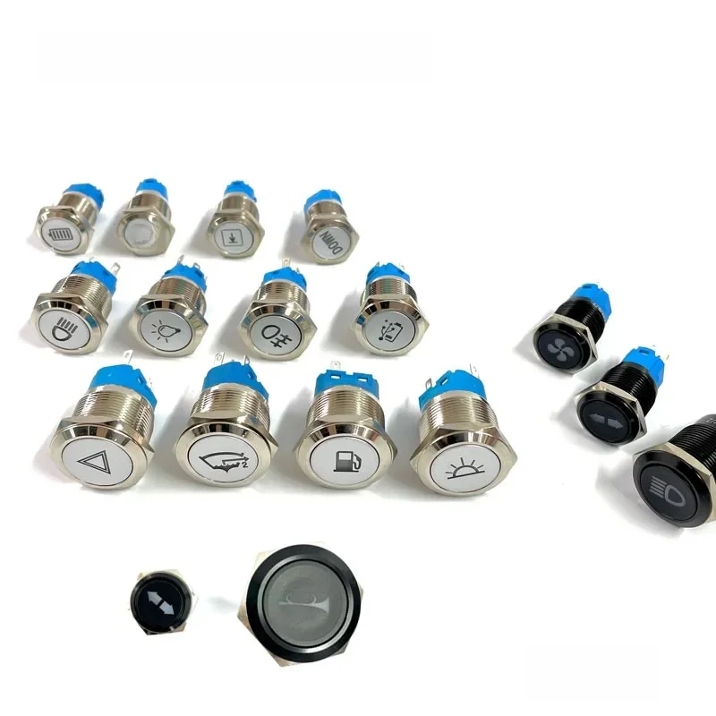 Interrupteur à bouton-poussoir en métal, 16/19/22mm, lumière LED, symbole de Logo, icône, personnalisation du Signal, étanche, oxyde chromé noir pour voiture