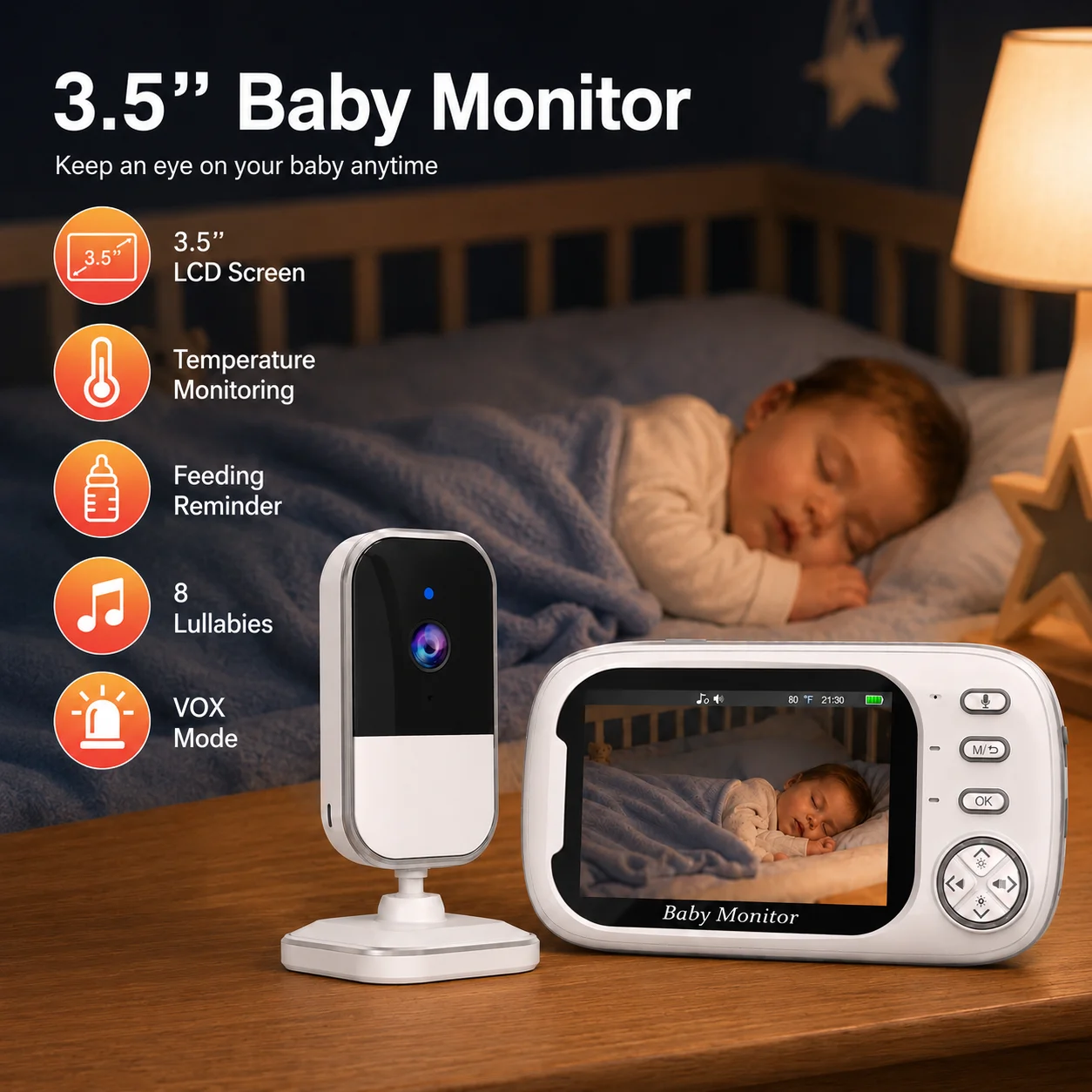 Video Baby Monitor With 3.5'' Screen Two Way Audio Babyphone Cam VOX Mode Video Surveillance Cameras Temperature Sensor Lullaby