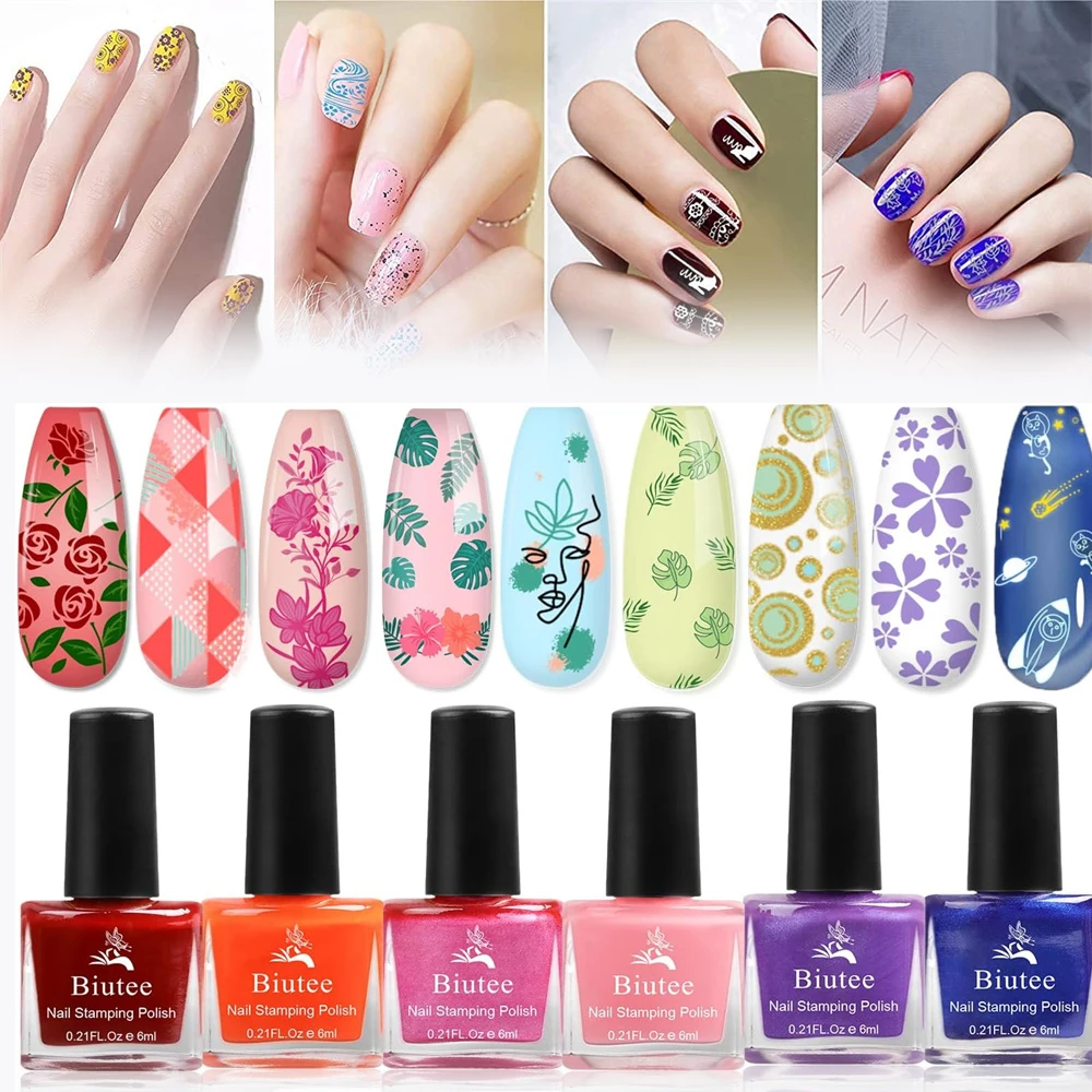 Biutee Nail Stamping Polish Gel 12 Colors 6ML Manicure Varnish Air Dry Nail Lacquer Base Top Coat DIY Plate Printing Polish