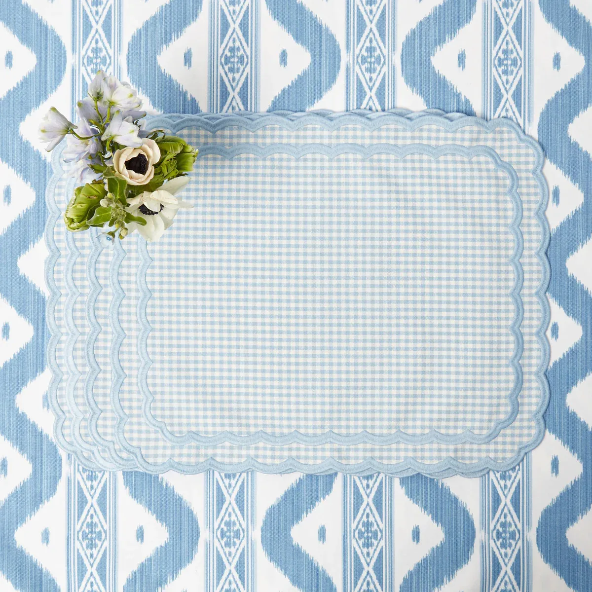 Handmade Baby Blue Gingham Cotton Embroidered Placemats & Napkins Set ( Set of 6) | Cute Table Linens for Dining