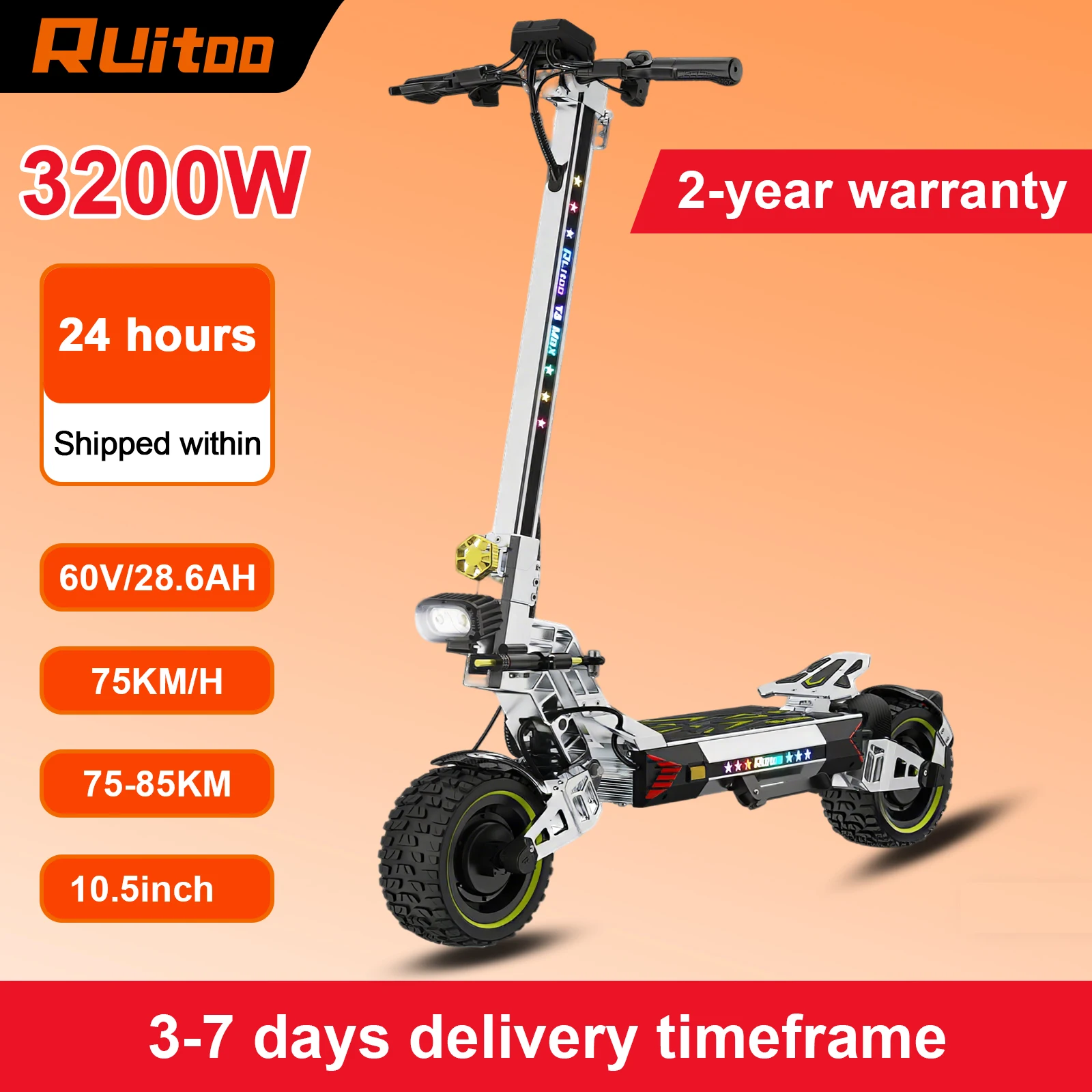 Ruitoo T3MAX Scooter électrique double moteurs 3200W 85km portée 75km/h vitesse 60V/28.6AH moteur 10.5 pouces pneus tout-terrain pliables