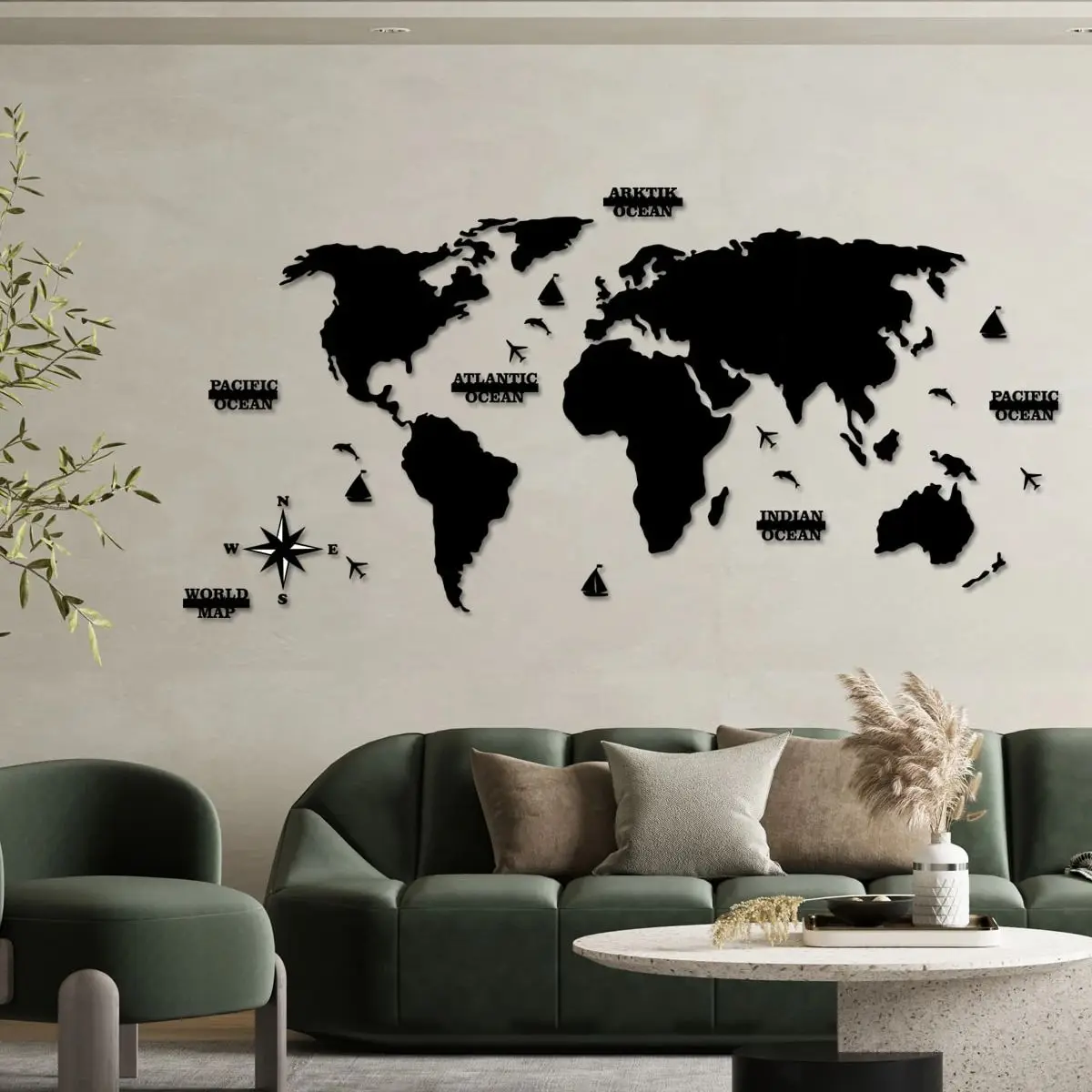 2D Decorative Wooden World Map Wall Decoration for Home Office Living Room Black World Map Wall Decoration and Accessory