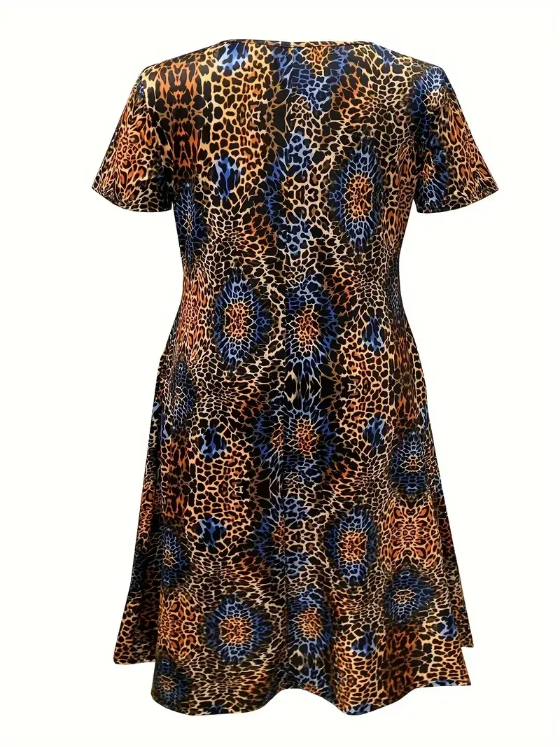 Plus Size Leopard Print Flattering Dress - Ankle-Length, Short Sleeve, Casual Style - Perfect for Spring & Summer - Trendy Women