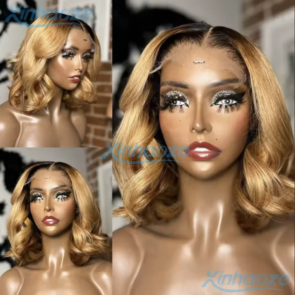 

Ombre Blonde #1b/27 Short Wavy Bob Wigs Human Hair Glueless 5x5 Silk Base Closure Wigs With Bleached Knots 13x6/360 Lace Wigs