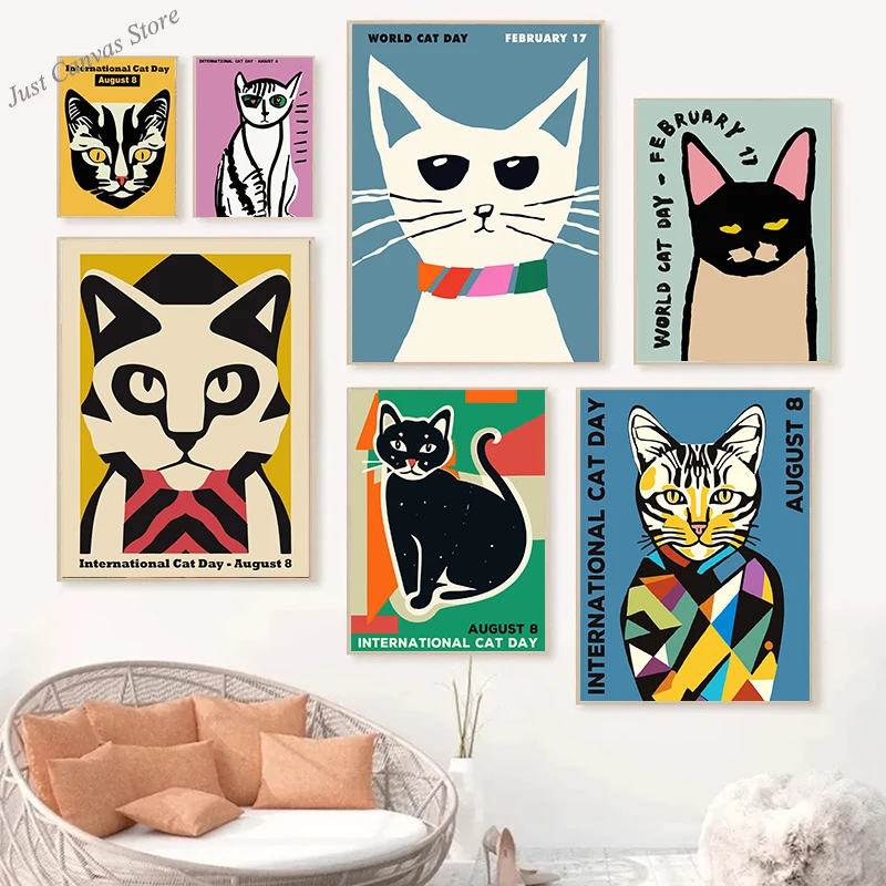 

International Cat Day Cute Cats Portrait Poster Print Canvas Painting Abstract Cartoon Animal Kawaii Wall Art Kid Bedroom Decor