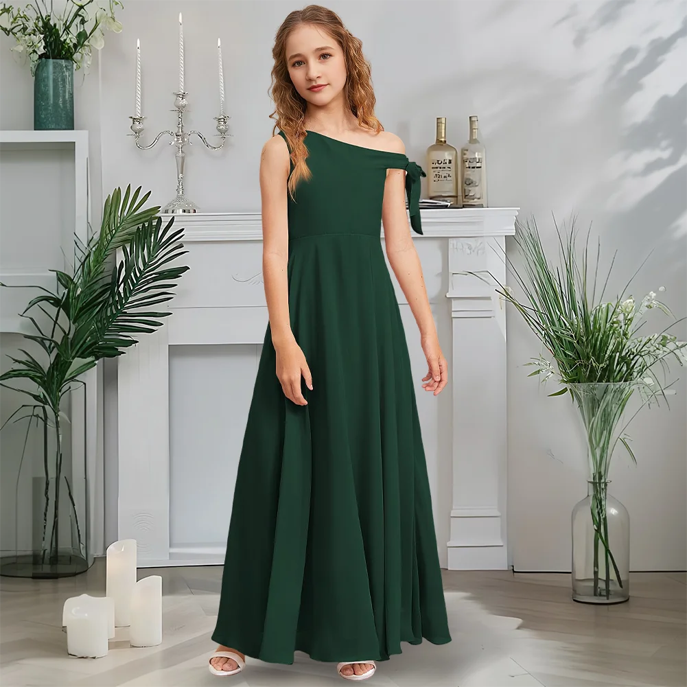 

Ethereal A-Line Junior Bridesmaid Dress Dusk Rose Bloom Flower Girl Dress One Shoulder Bow Chiffon Garden Gala Wedding Party
