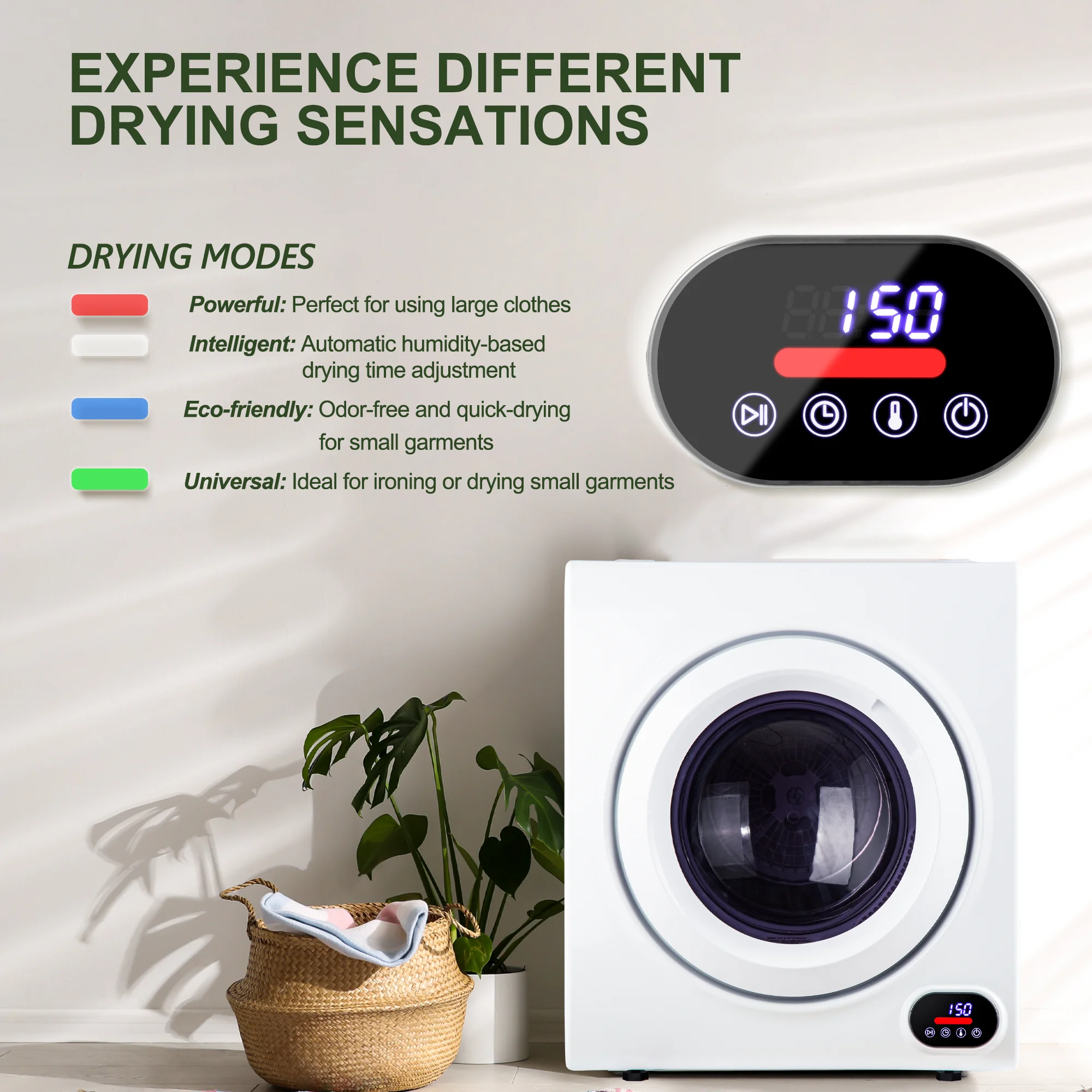 Vibekio Compact Laundry Dryer 2.65 cu ft Clothes Dryers LCD Control Panel Four-Function Portable Dryer For Apartments Home Dorm