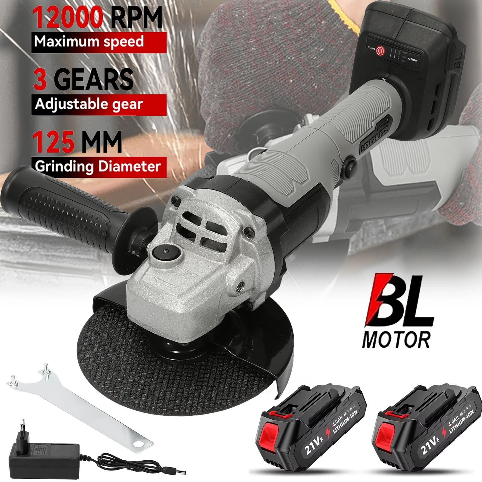 OWJHE 125 mm bürstenloser elektrischer Winkelschleifer, 3 Geschwindigkeiten, Schleifmaschine, Holzbearbeitungs-Elektrowerkzeug für Makita 21 V Akku