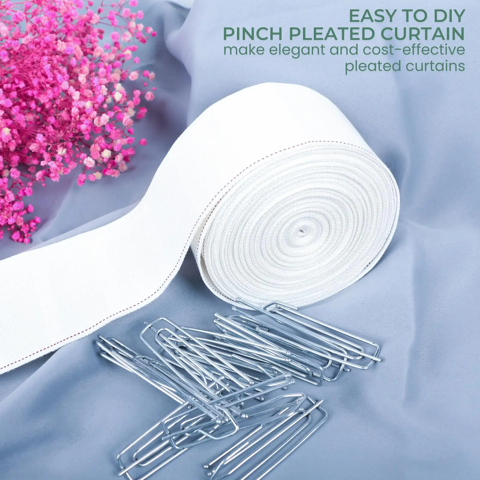 شريط بطيات ستارة 5 م/10 م/15 م مع مجموعة خطافات من الفولاذ المقاوم للصدأ مكونة من 4 شوكات لطيات قرصة ذاتية الصنع