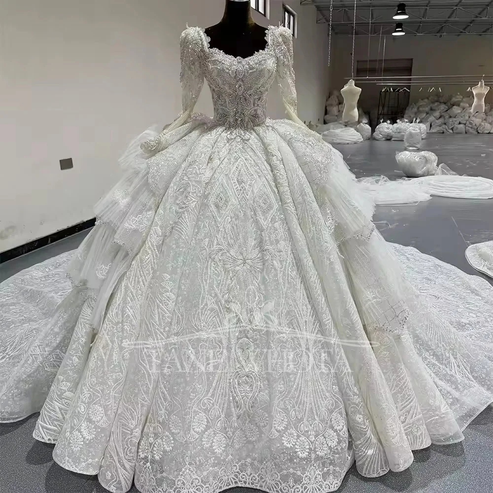 رداء Mariage بأكمام طويلة على شكل قلب مطرز بالكريستال فستان زفاف بأربطة من الخلف فستان زفاف فيستدو دي نوفيا