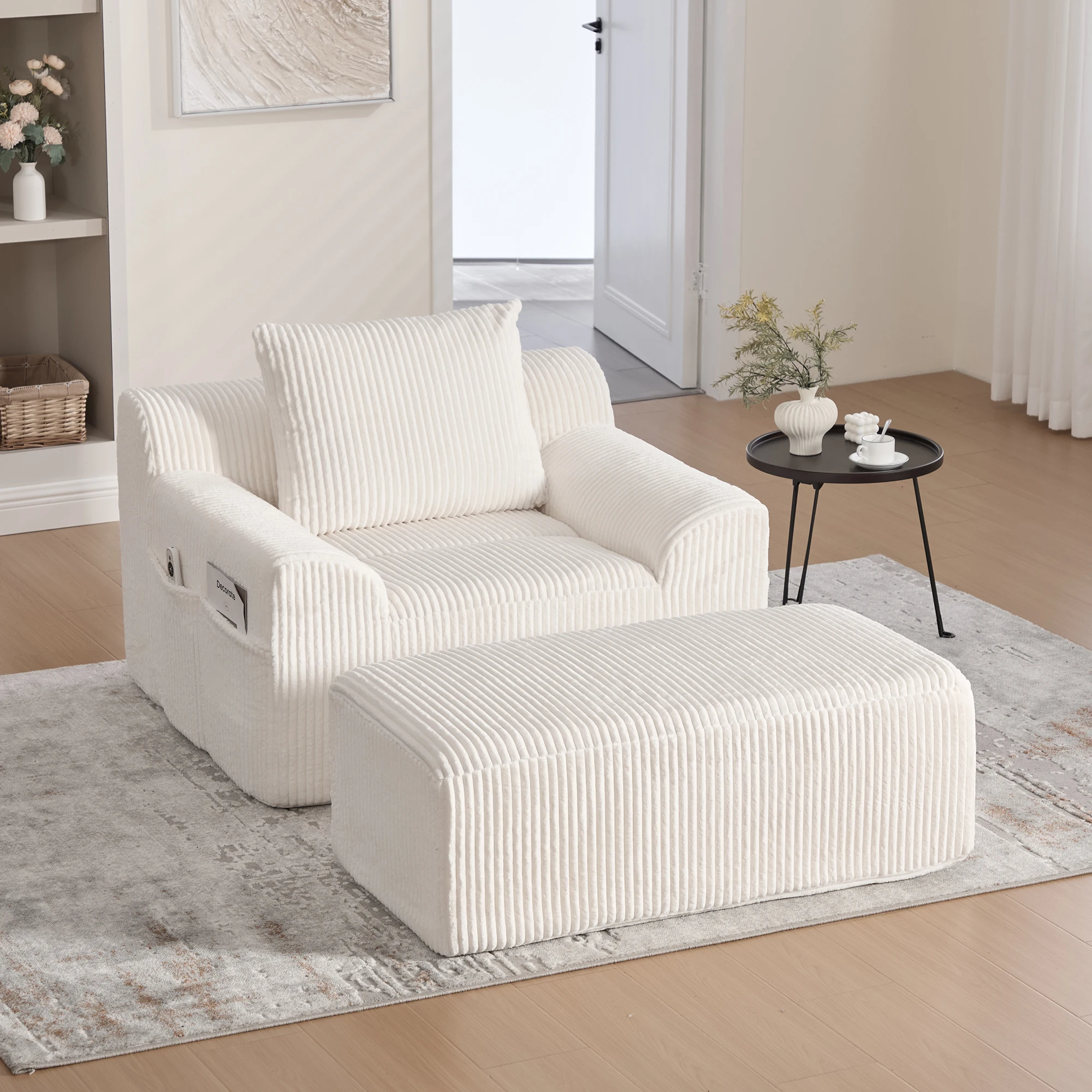 Extra großer Einzel-Cord-Sessel mit Fußstütze, Seitentaschen & Kissen, rahmenloser Polstersessel mit weicher Schaum-Feder-Polsterung, montagefrei, ideal zum Entspannen oder Lesen – Beige