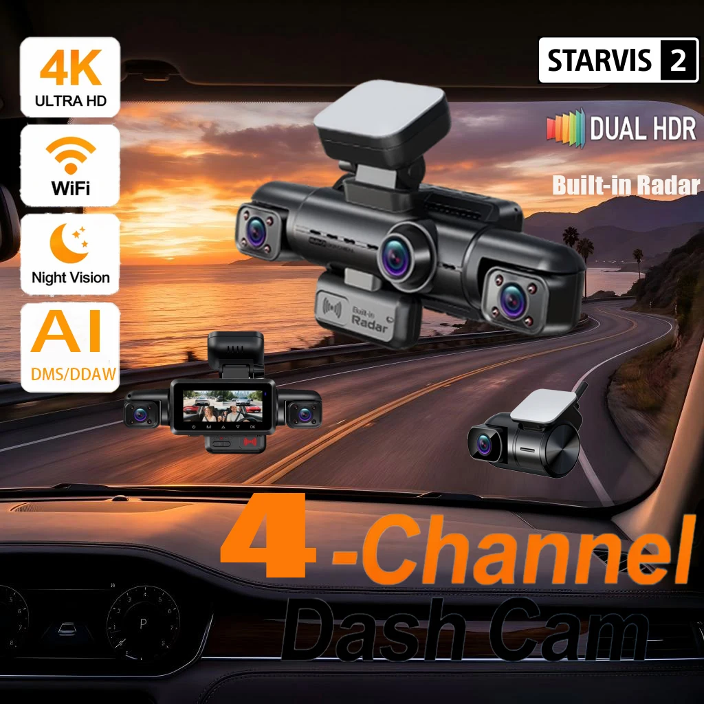 Hupejos N500-4CH 360 °   Dashcam mit STARVIS 2 IMX675 Sensor, 24-Stunden-Parkmodus mit integriertem Radar, KI-Auto-Dashcam-Fahrerüberwachungssystem, 5G WLAN GPS, 128GB SD-Karte