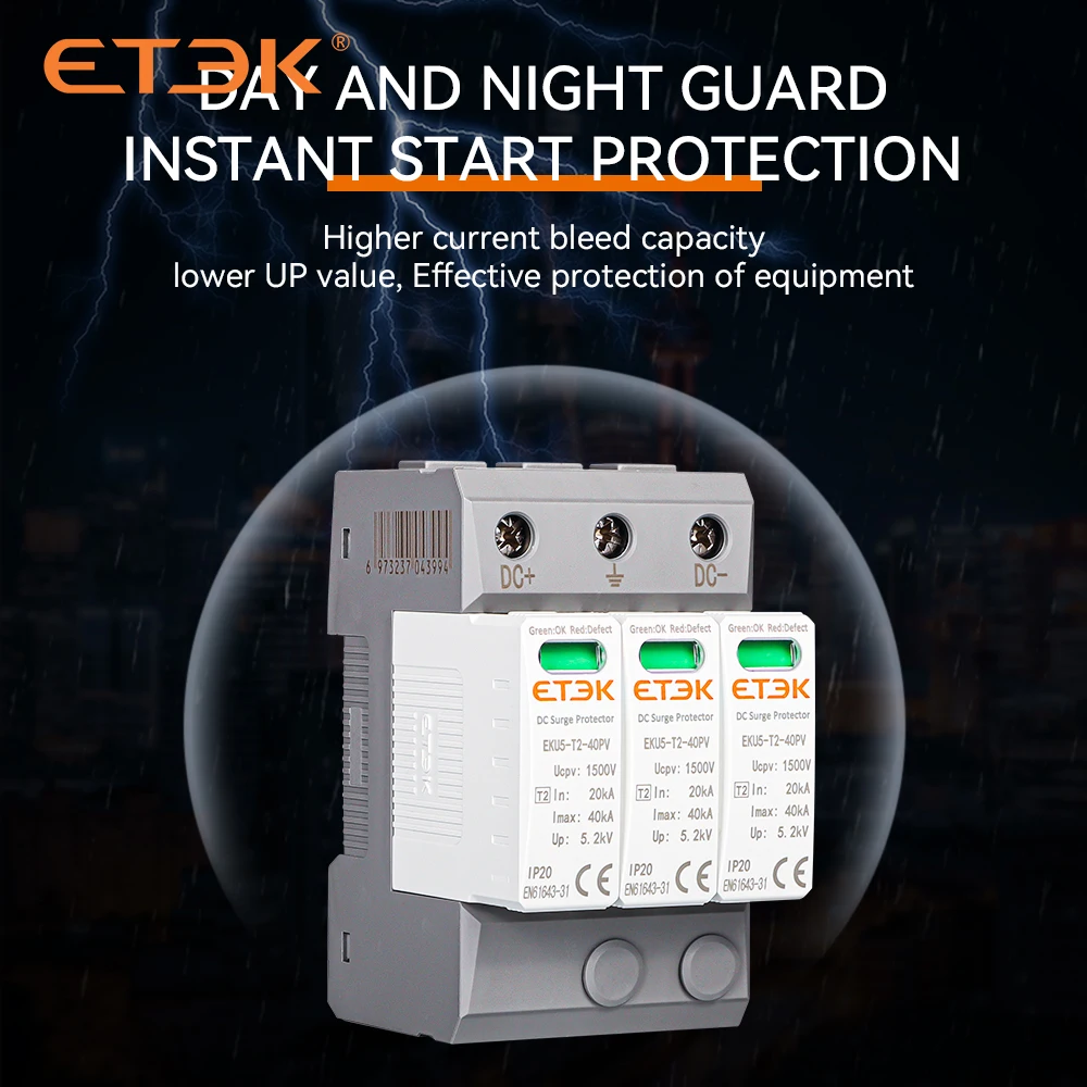 ETEK DC SPD House Surge Protective Device 2P 3P 600V 1000V 1500V Type PV 20-40KA Protector Arrester Low-voltage Protection EKU5