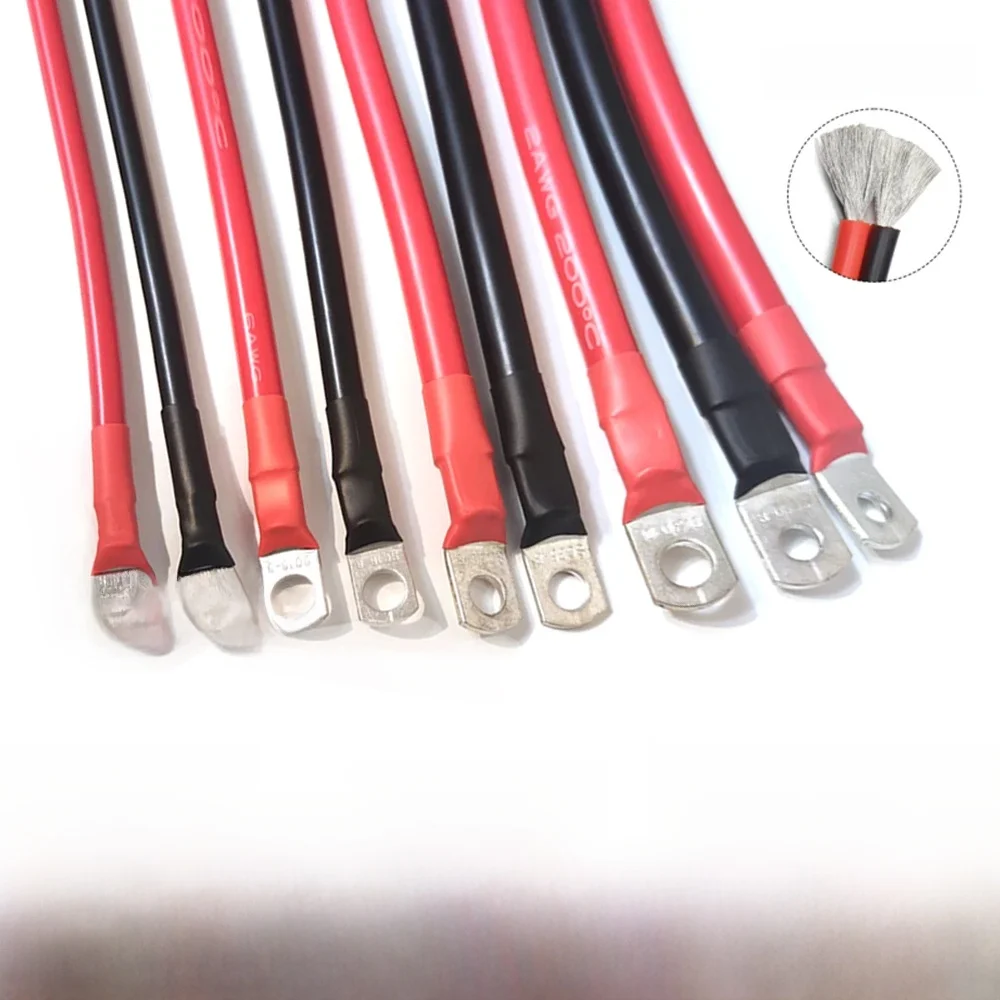 Superzachte siliconen batterijverbindingskabel 8/6/4/2/0AWG met M6 M8 M10 vertinde koperen kabelschoenen voor omvormer, batterij, auto, UPS. - afbeelding 2