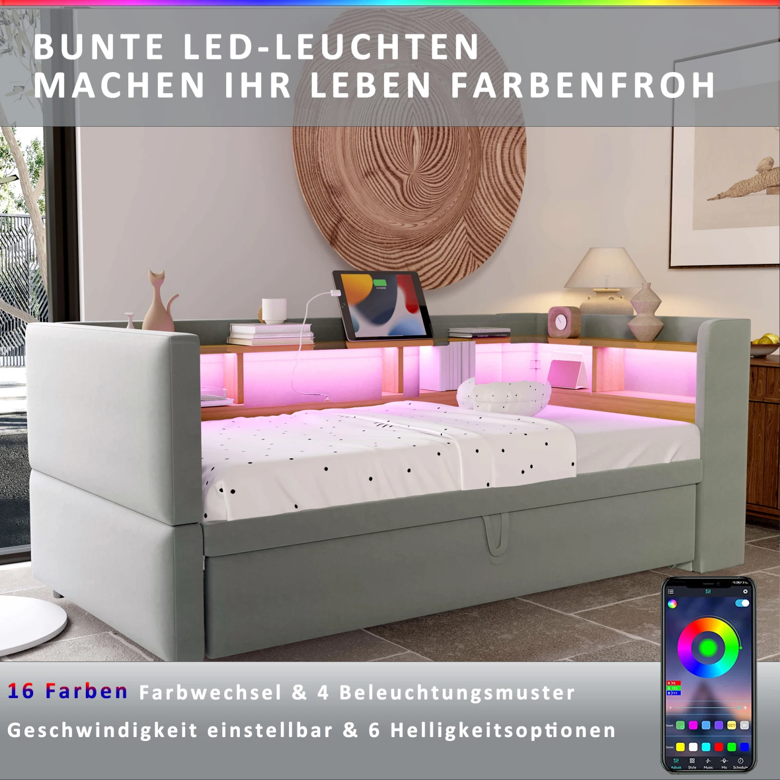 Sofá Cama Extraíble de 90/180x190 cm con LED y Tomas de Corriente, Diván Tapizado con Almacenamiento, Cama Individual Multifuncional Gris