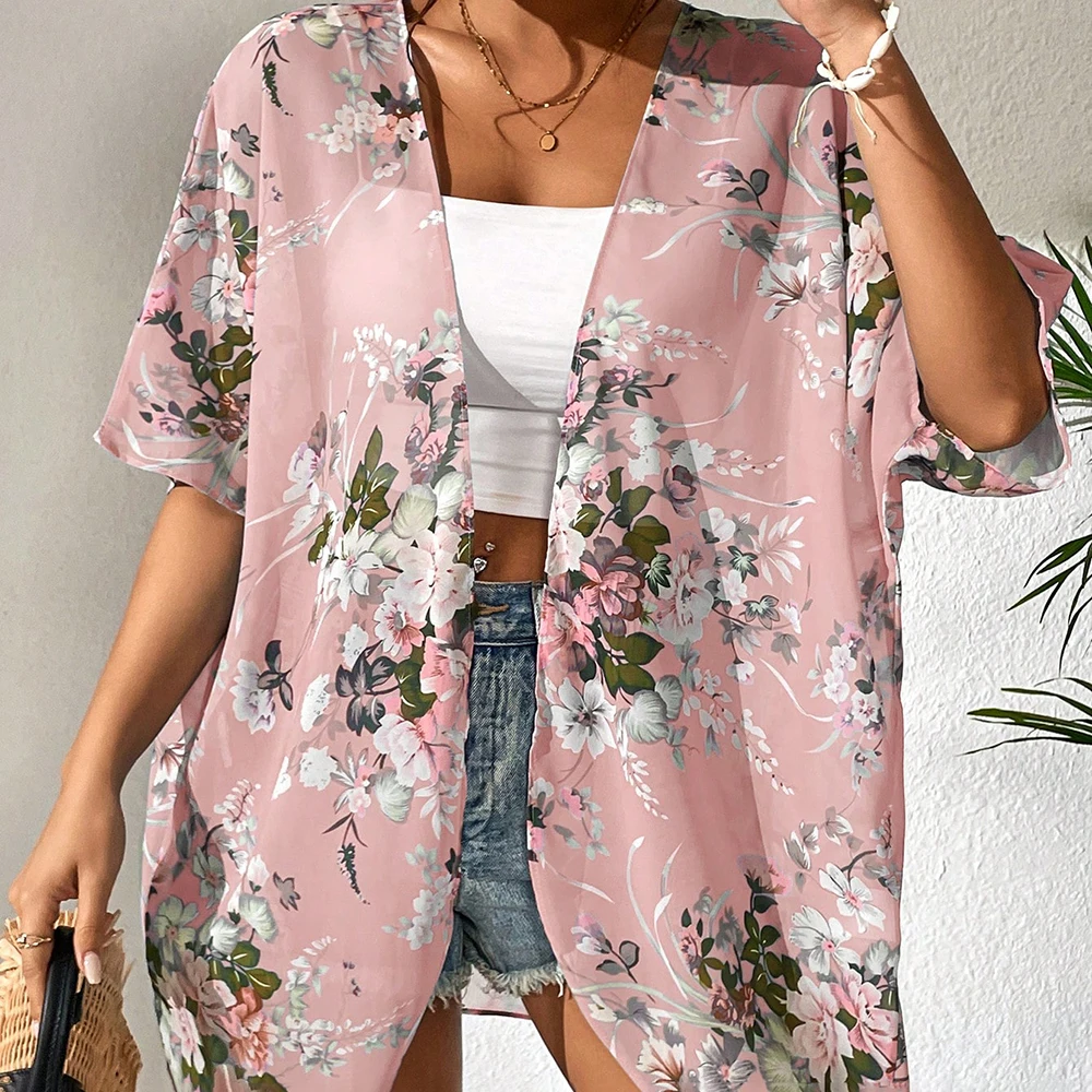 

Women'S Chiffon Cardigan Oversize Top For Women Short Sleeve Blouse Floral Swing Clothing Crewneck Blouse Loose Fashion Clothes