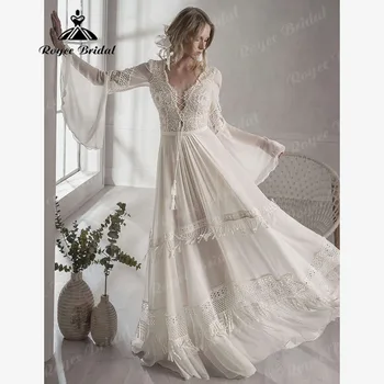 Sexy Quaste Langarm Chiffon Spitze Boho Bohemian Frauen Hochzeitskleid mit V-Ausschnitt 2025, Brautkleid, maßgeschneidert, Vestido Noiva
