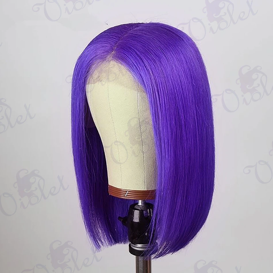 

13x4 Purple Colored Bob Wigs Human Hair 200 Density Straight Lace Frontal Wigs Pre Plucked Transparent Front Short Bob Wigs