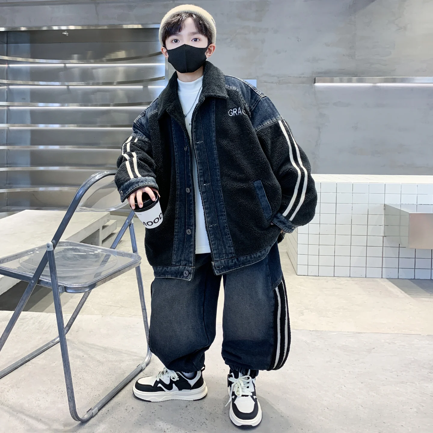 Boys' Trendy Stripe Denim Jacket And Loose Fit Pant Set Warm Fall Winter Daily Wear Warm Coat And Pant for Children