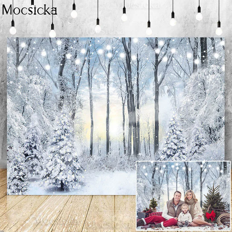 Toile de fond pour Portrait de bébé, arbre de noël, forêt d'hiver, flocons de neige, scène de forêt de pin, arrière-plan pour photographie, Studio Photo