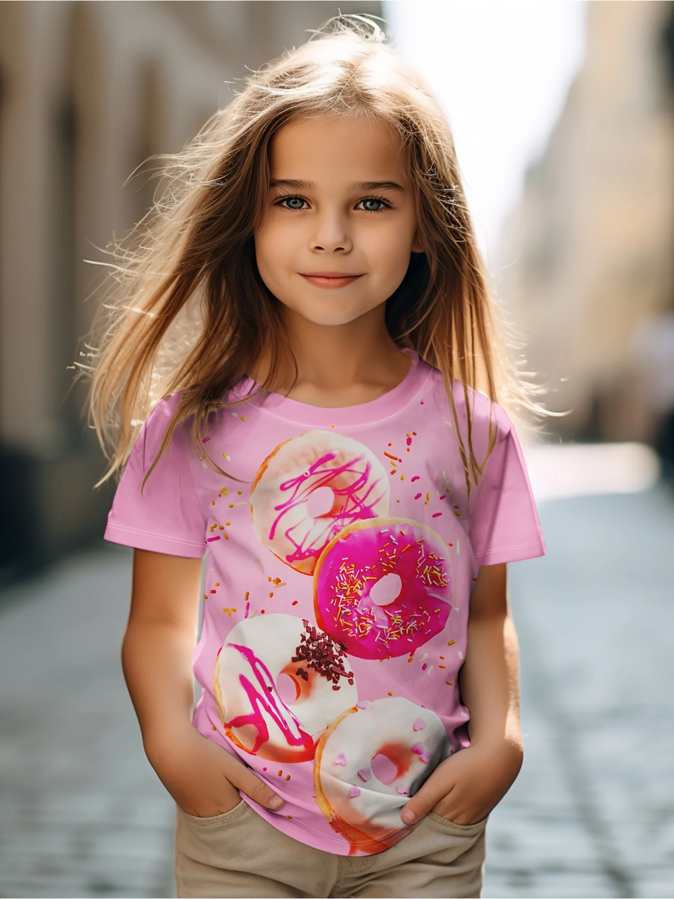 Yummy Donut Print Short Sleeve T-shirt Girls Comfy Tees Summer Clothes Party Gift Pink Cute top