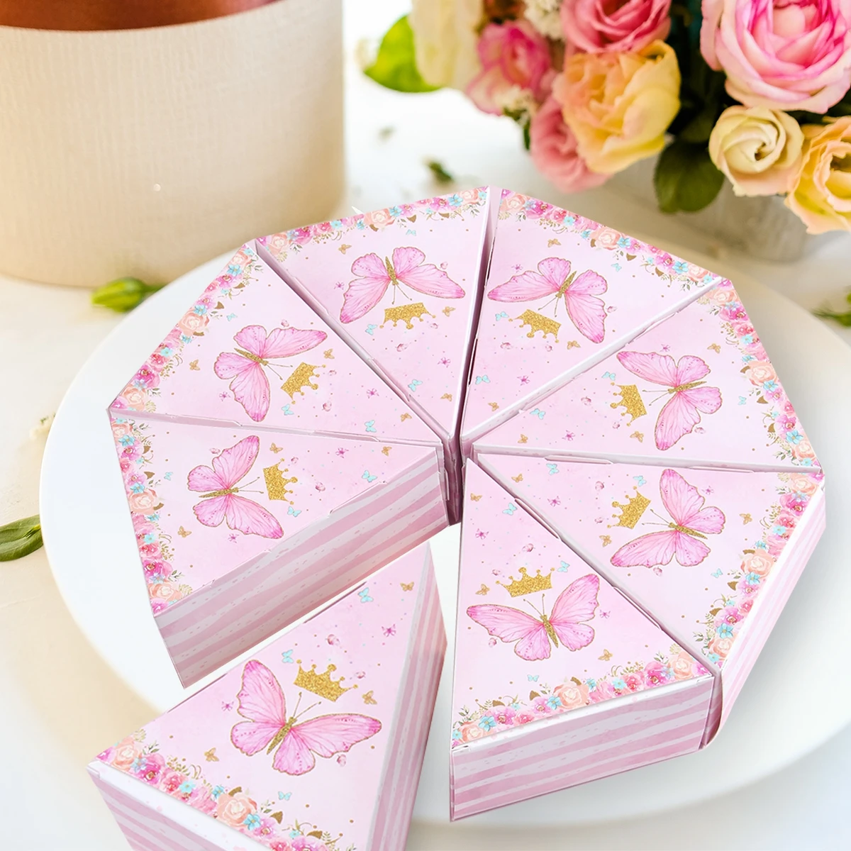 Scatola per torta di caramelle a triangolo con farfalla rosa scatola per imballaggio regalo forniture per feste di compleanno di nozze bomboniera