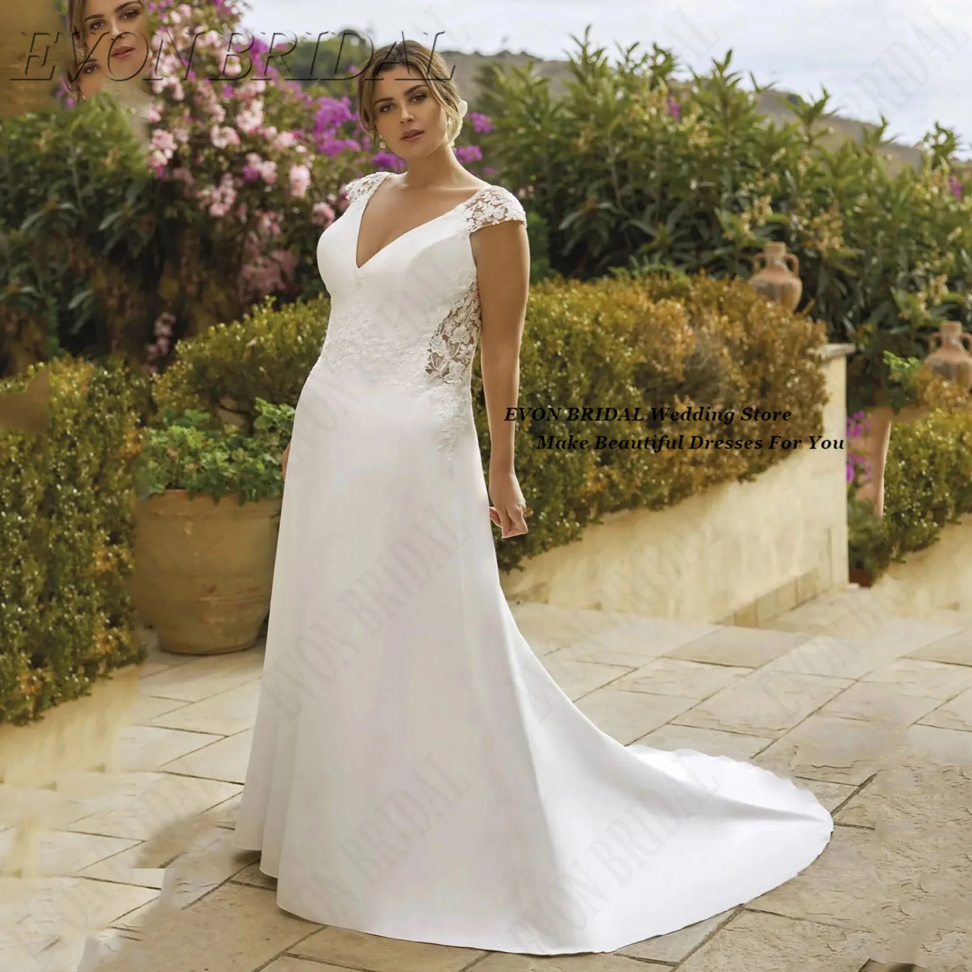 

Elegent V-Neck Wedding Dress Plus Size 2025 Sheath Party Gown With Small Train New Appliques Bride Dress EVON BRIDAL Customized