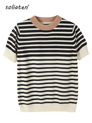 2024 New Summer Autumn Brand Quality Breathable Knit T Shirt 100% Cotton Clothes Striped Patchwork Tops C-003